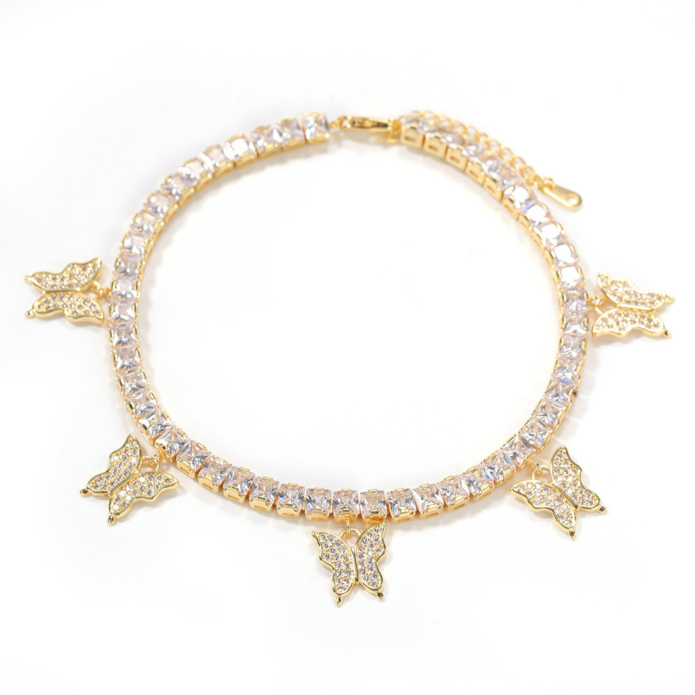 Butterfly Cubic Zirconia Tennis Anklet for Women – 9 Inch Gold, Silver & Rose Gold Copper Chain