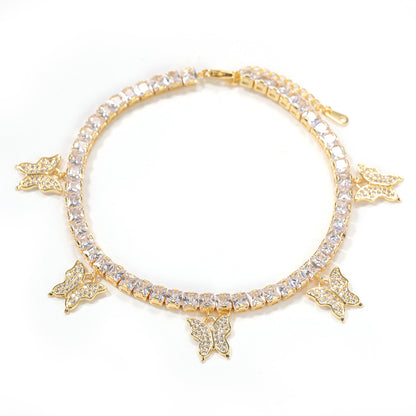Butterfly Cubic Zirconia Tennis Anklet for Women – 9 Inch Gold, Silver & Rose Gold Copper Chain