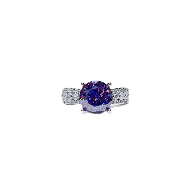 Purple Moissanite Ring for Women, Round Cut Engagement Ring with Pavé Band product image
