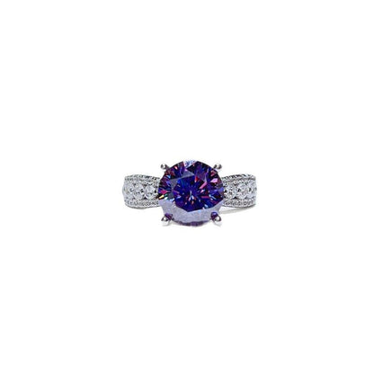 Purple Moissanite Ring for Women, Round Cut Engagement Ring with Pavé Band