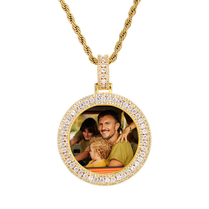 Custom Photo Round Pendant Necklace with Cubic Zirconia Frame and Rope Chain