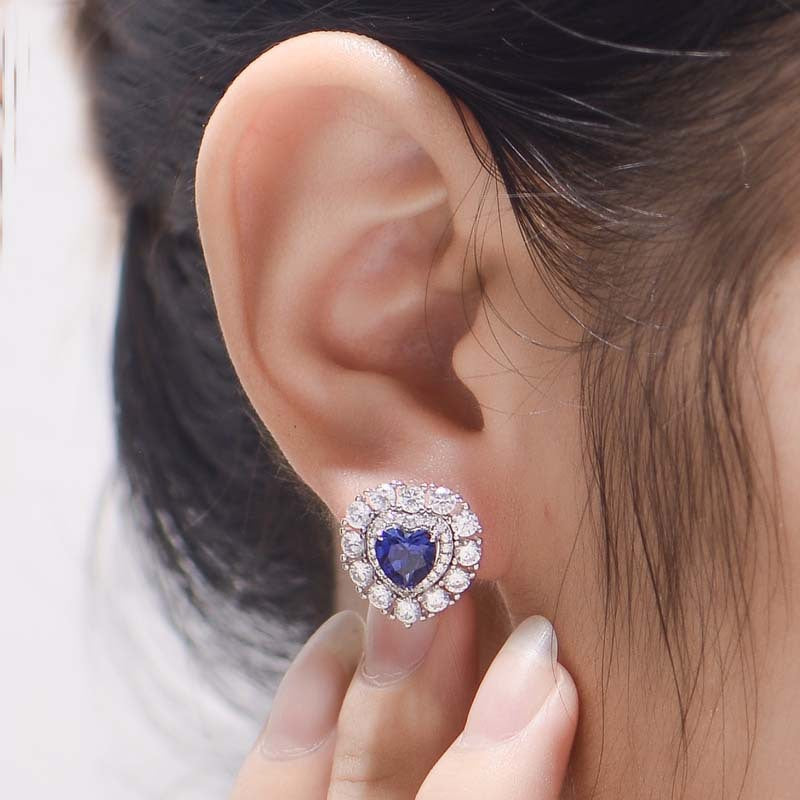 Blue Heart Stud Earrings for Women, Created Sapphire Halo Earrings product image