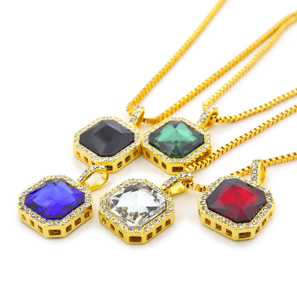 Gold Plated Square Crystal Pendant Necklace with Cubic Zirconia Halo - Hip Hop Statement Chain for Women