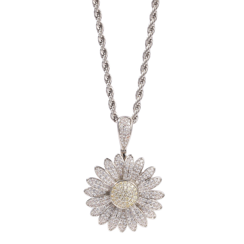 Sunflower Cubic Zirconia Pendant Necklace for Women – Hip Hop Statement Chain in Silver or Gold Tone, 24 Inch Twist or 3mm Cuban Chain