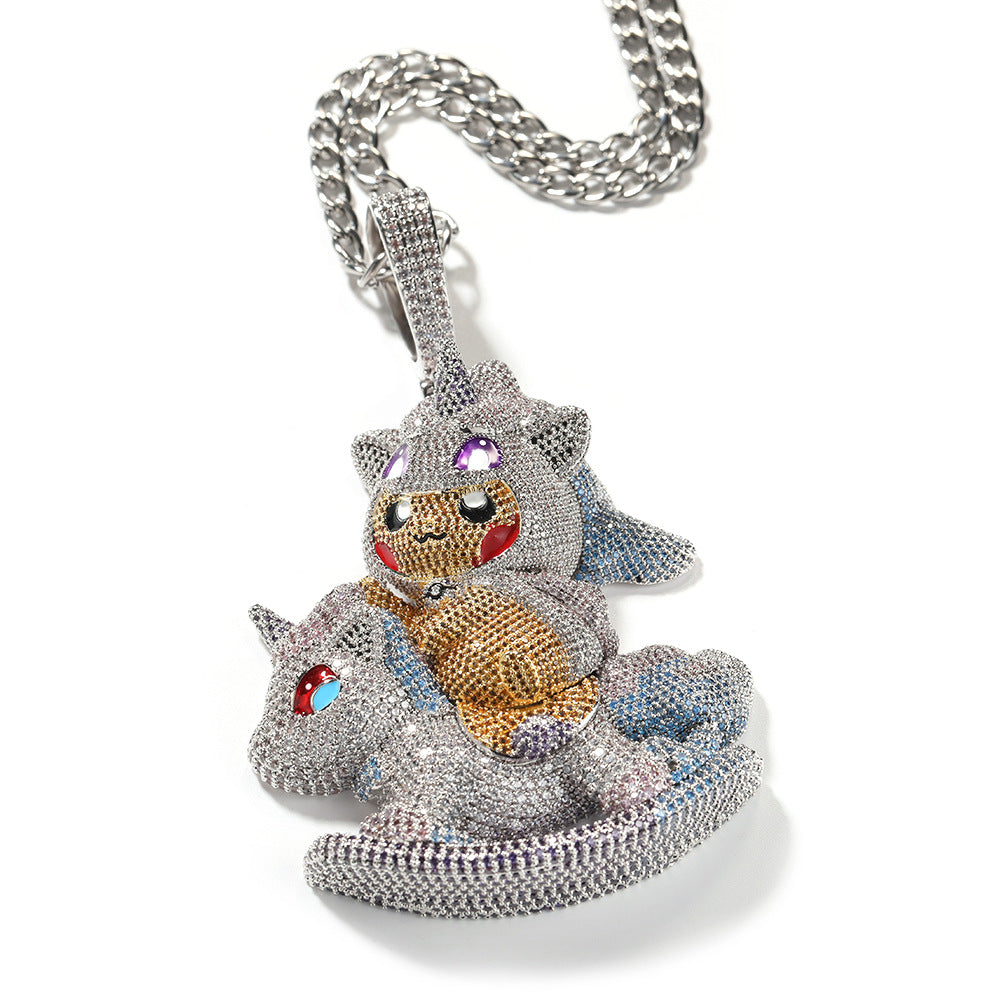 Iced Cartoon Rocking Horse Pendant Necklace with Cubic Zirconia Hip Hop Chain for Women & Men