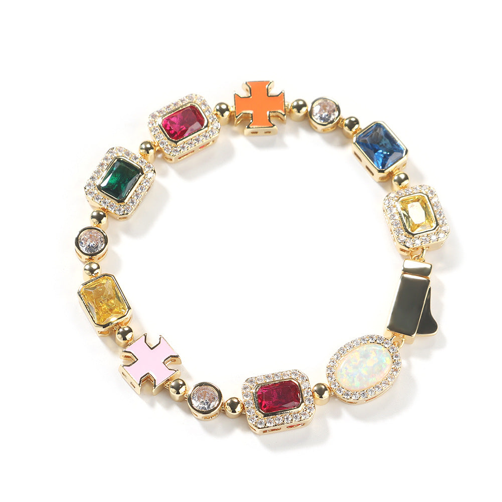Unisex Iced Cross Chain Necklace Bracelet Set in Gold or Silver Tone with Colorful Crystal Pendant Links