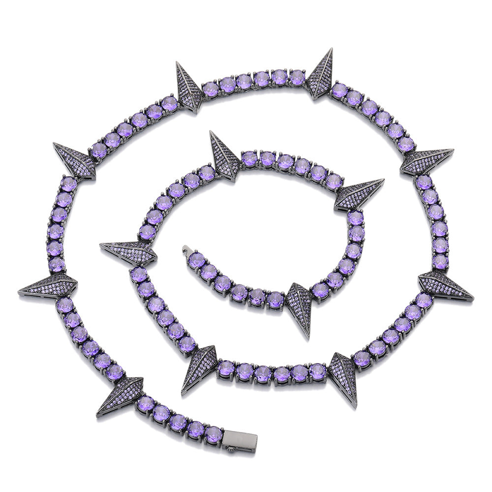 Purple Cubic Zirconia Spike Tennis Chain Bracelet and Necklace Set, Unisex Hip Hop Jewelry