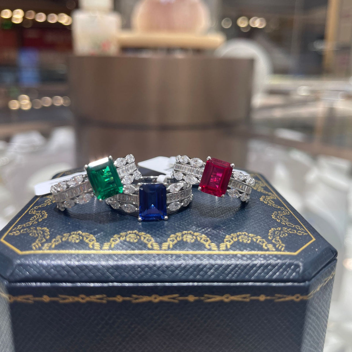 18K Gold Plated Colored Stone Ring for Women, S925 Silver Halo Ring with Rectangular Lab-Grown Center Stone product image