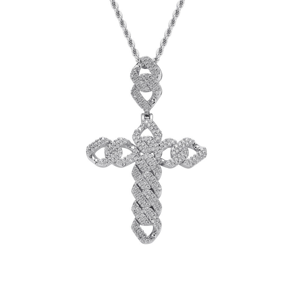 Hip Hop Cross Diamond Shape Cubic Zirconia Pendant Necklace for Men and Women