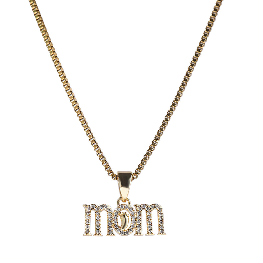 Personalized Mom Letter Pendant Necklace with Cubic Zirconia on 24 Inch Cuban Chain for Women