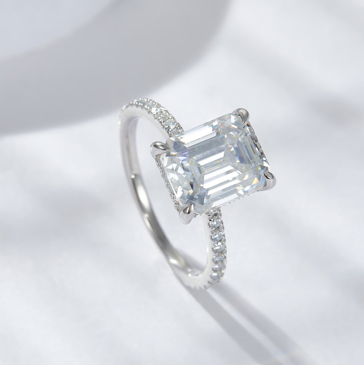 4 Carat Emerald Cut Moissanite Ring in 925 Silver, Pavé Band Promise Ring product image