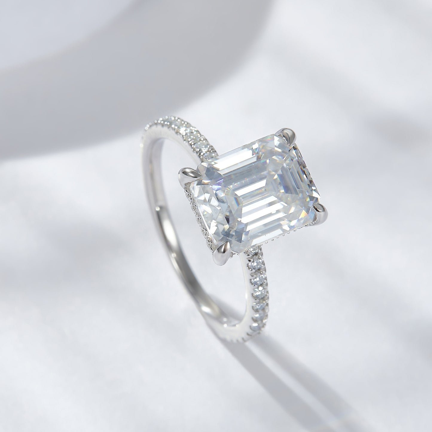 4 Carat Emerald Cut Moissanite Ring in 925 Silver, Pavé Band Promise Ring product image