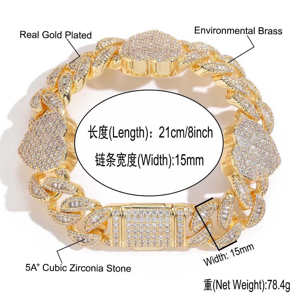 Hip Hop Heart Cuban Link Copper Bracelet for Men
