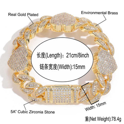Hip Hop Heart Cuban Link Copper Bracelet for Men