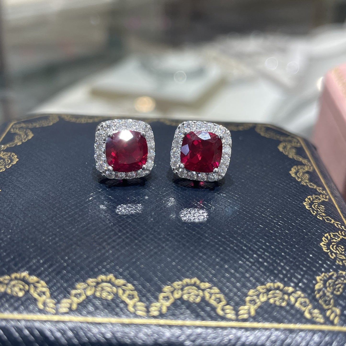 Square Halo Stud Earrings, Cushion Cut Colored Stone Ear Studs, Red and Blue Sparkle Earrings for Everyday Wear product image