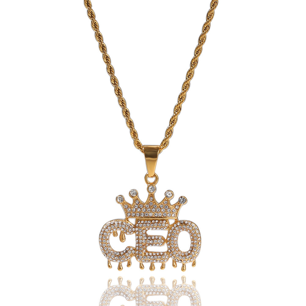 Gold Plated Stainless Steel CEO Letter Crown Pendant Necklace with Cuban or Rope Chain