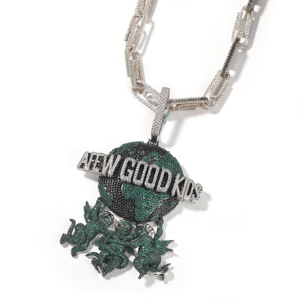Iced Angel Globe Pendant Necklace with Green or Blue Cubic Zirconia, 24 Inch Twist Chain, Hip Hop Statement Jewelry product image