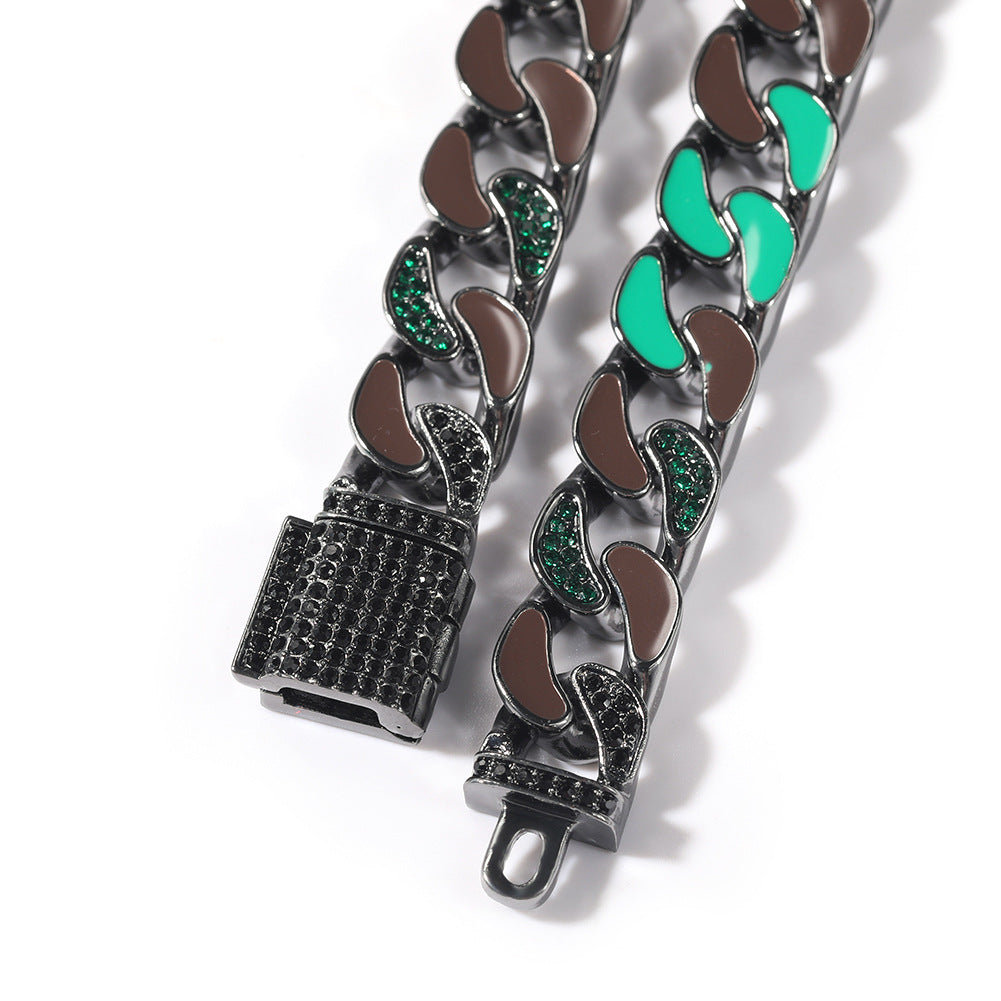 Unisex Hip Hop Enamel Cuban Link Chain Necklace Bracelet Set in Black or Silver product image