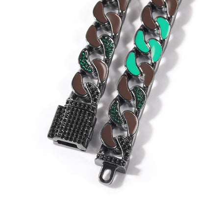 Unisex Hip Hop Enamel Cuban Link Chain Necklace Bracelet Set in Black or Silver