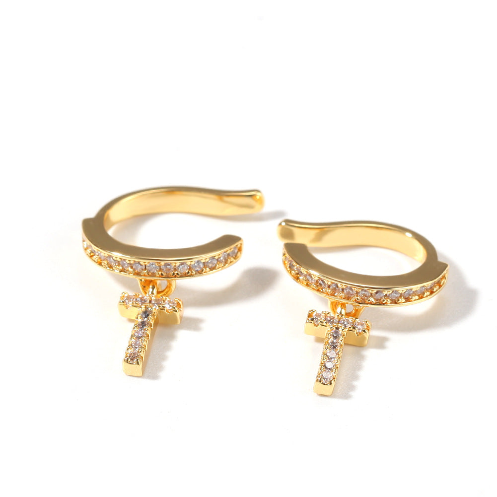 Unisex Cubic Zirconia Cross Hoop Earrings in Gold or Silver Tone Minimalist Statement Jewelry product image