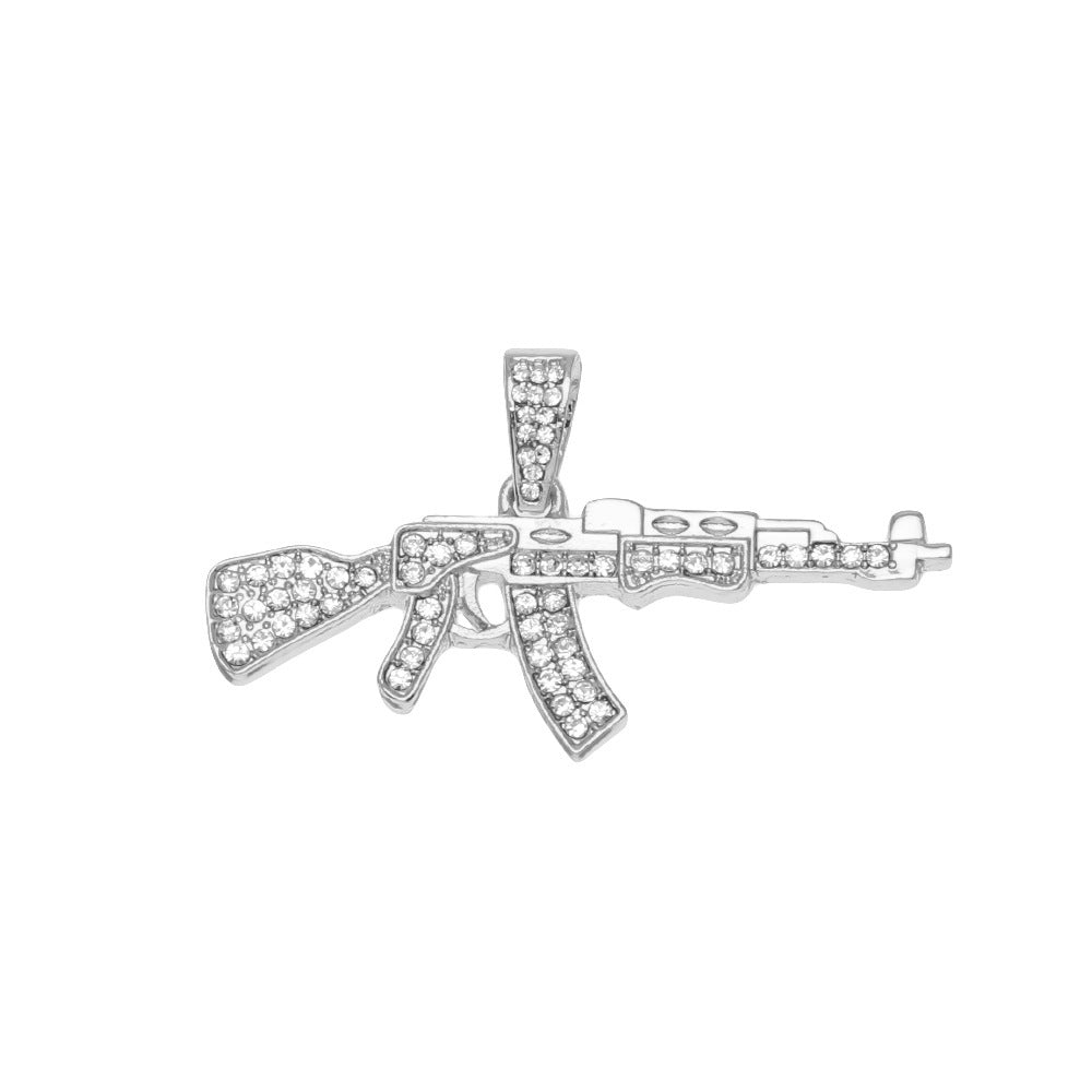 Rhinestone Rifle Pendant Necklace with 3mm Cuban Chain – Gold Plated or Silver Plated Hip Hop Statement Jewelry product image