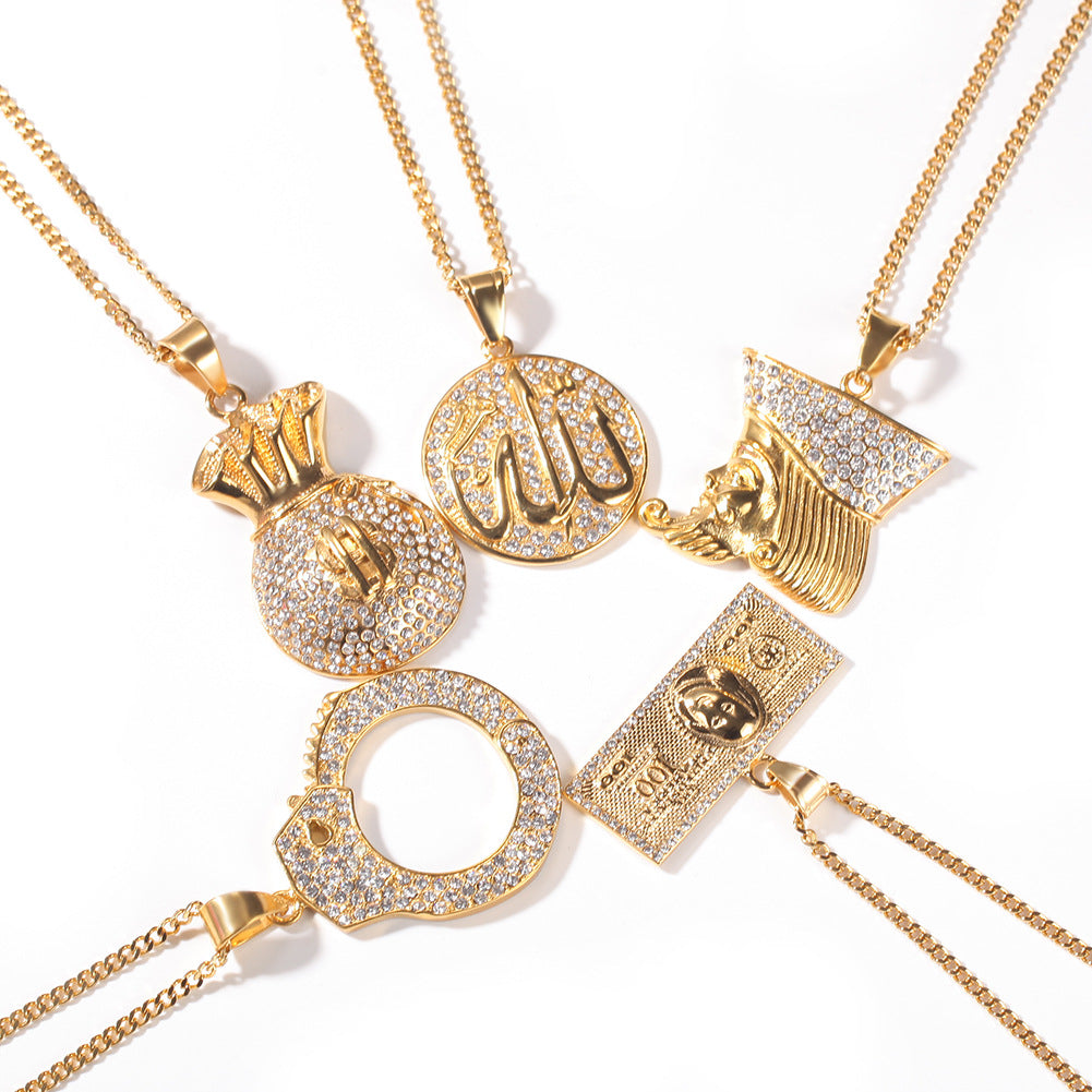 Iced Handcuff Pendant Necklace for Women and Men – Gold Plated Stainless Steel Cuban Chain Statement Necklace