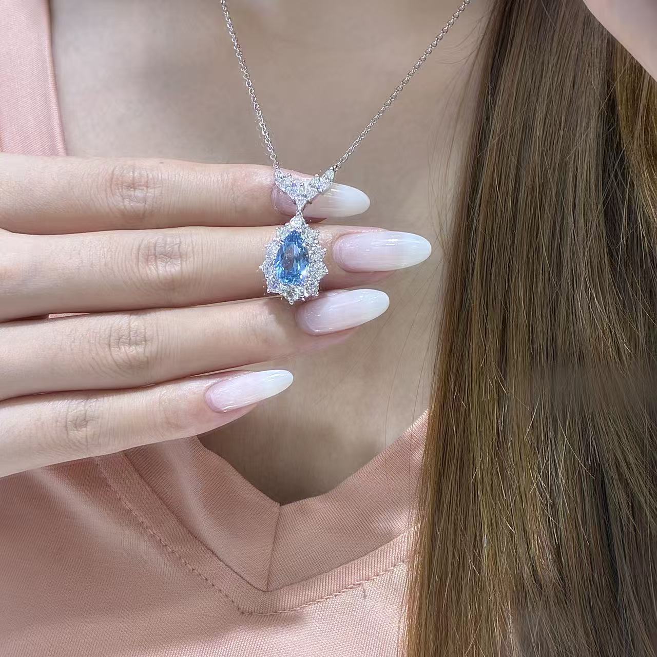Blue Teardrop Spinel Pendant Necklace, Floral Halo Sparkling Gem Necklace product image