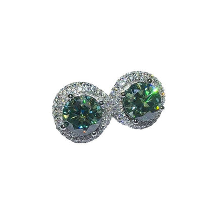 Green Moissanite Halo Stud Earrings for Women, Round Cut 6 Carat Total Ear Studs