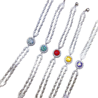 Moissanite Double Layer Bracelet for Women, U Shape Tennis Bracelet with 2 Carat Colored Center Stone