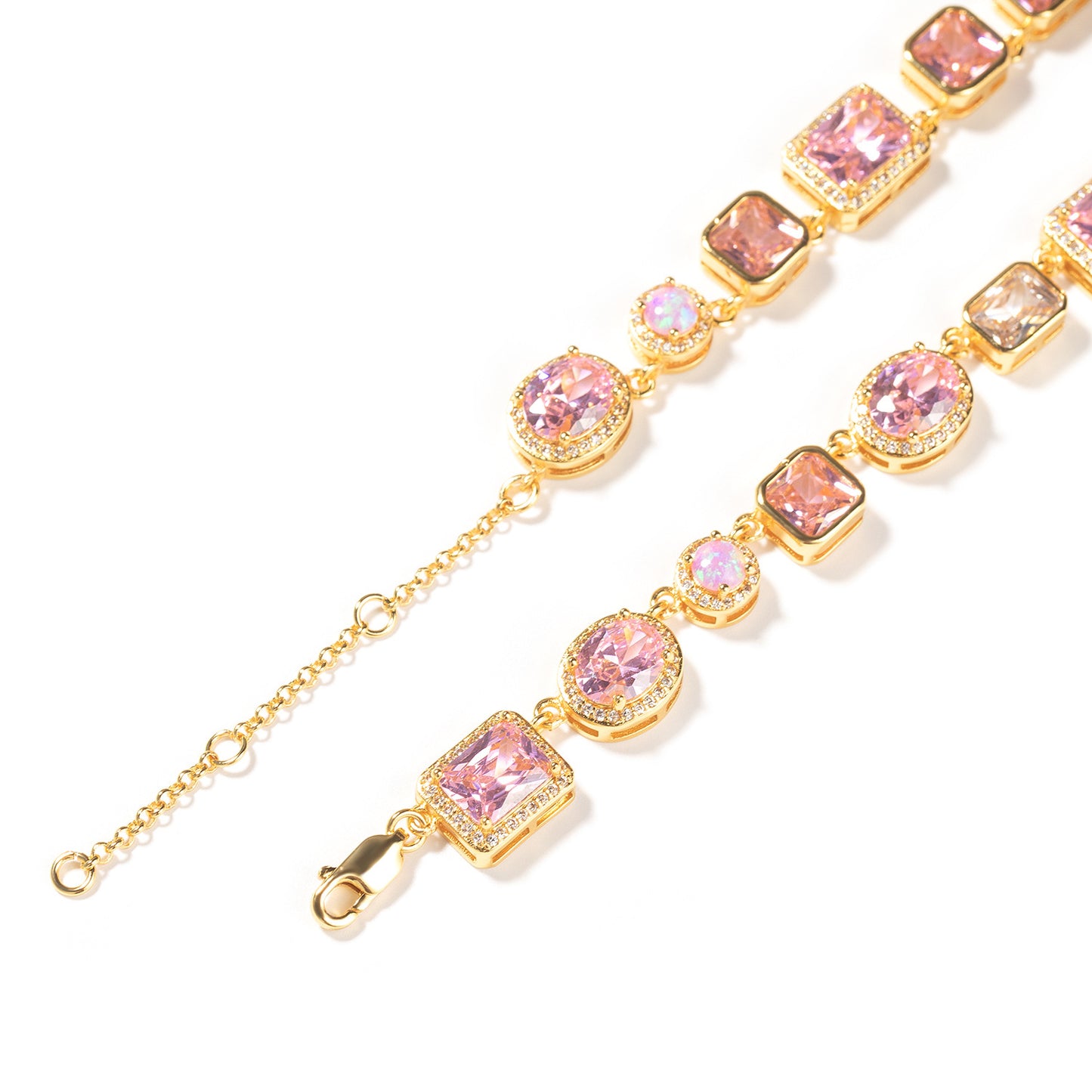 Pink Opal-Inspired Cubic Zirconia Bracelet and Necklace Set for Women & Men, Gold Tone Oval and Rectangle Statement Chain Jewelry