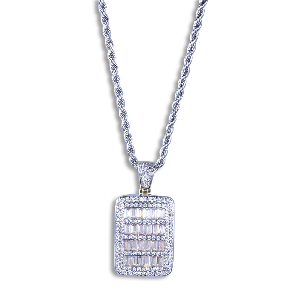 Iced Out Rectangular Pendant Necklace with Cubic Zirconia Hip Hop Chain for Women and Men