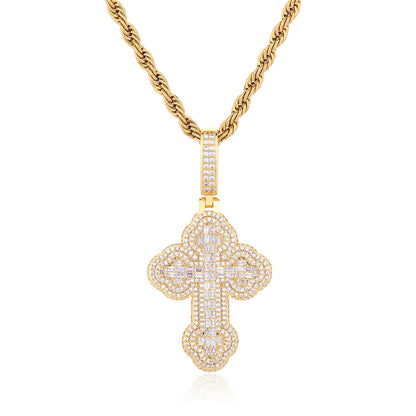 Cross Pendant Necklace with Cubic Zirconia, 3mm Twisted Rope Chain, 24 Inch, Gold Tone / White Gold Tone