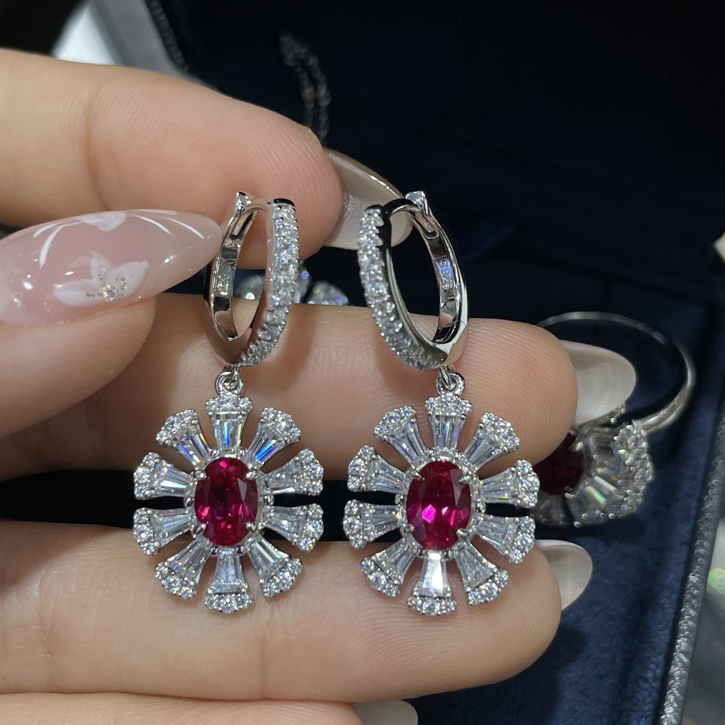 Ruby Red Crystal Flower Jewelry Set for Women, Necklace Earrings Ring product image