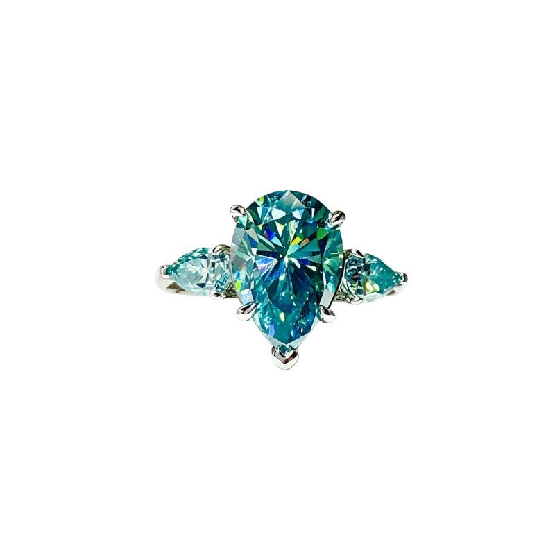 Green Pear Cut Moissanite Ring for Women, 6 Carat Three Stone Engagement Ring product image
