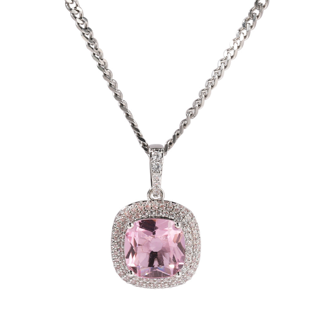 Unisex Square Cubic Zirconia Pendant Necklace with 24 Inch Twisted Chain in Silver Tone product image