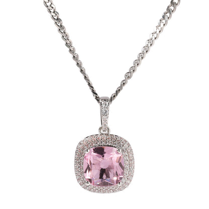Unisex Square Cubic Zirconia Pendant Necklace with 24 Inch Twisted Chain in Silver Tone