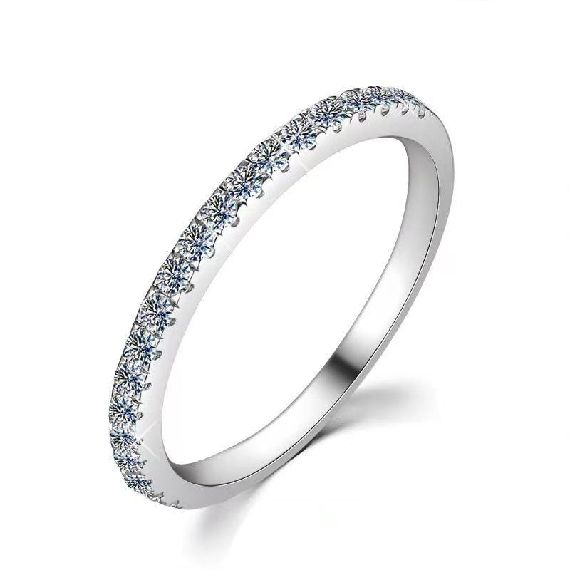 Moissanite Pave Band Ring for Women, Slim Stacking Ring in White Tone, Minimal Sparkle Promise Ring, Tail Ring, Sizes 9-19 product image