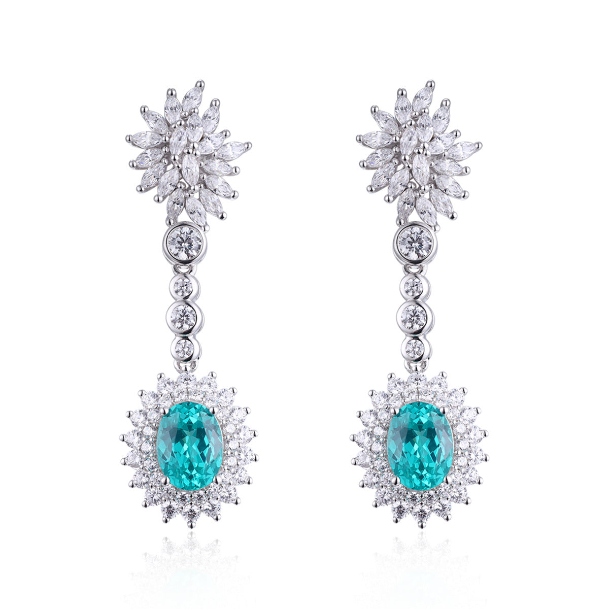 Teal Floral Drop Earrings, Marquise Crystal Halo Studs, 18K Gold Plated product image