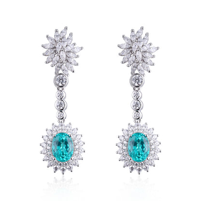 Teal Floral Drop Earrings, Marquise Crystal Halo Studs, 18K Gold Plated