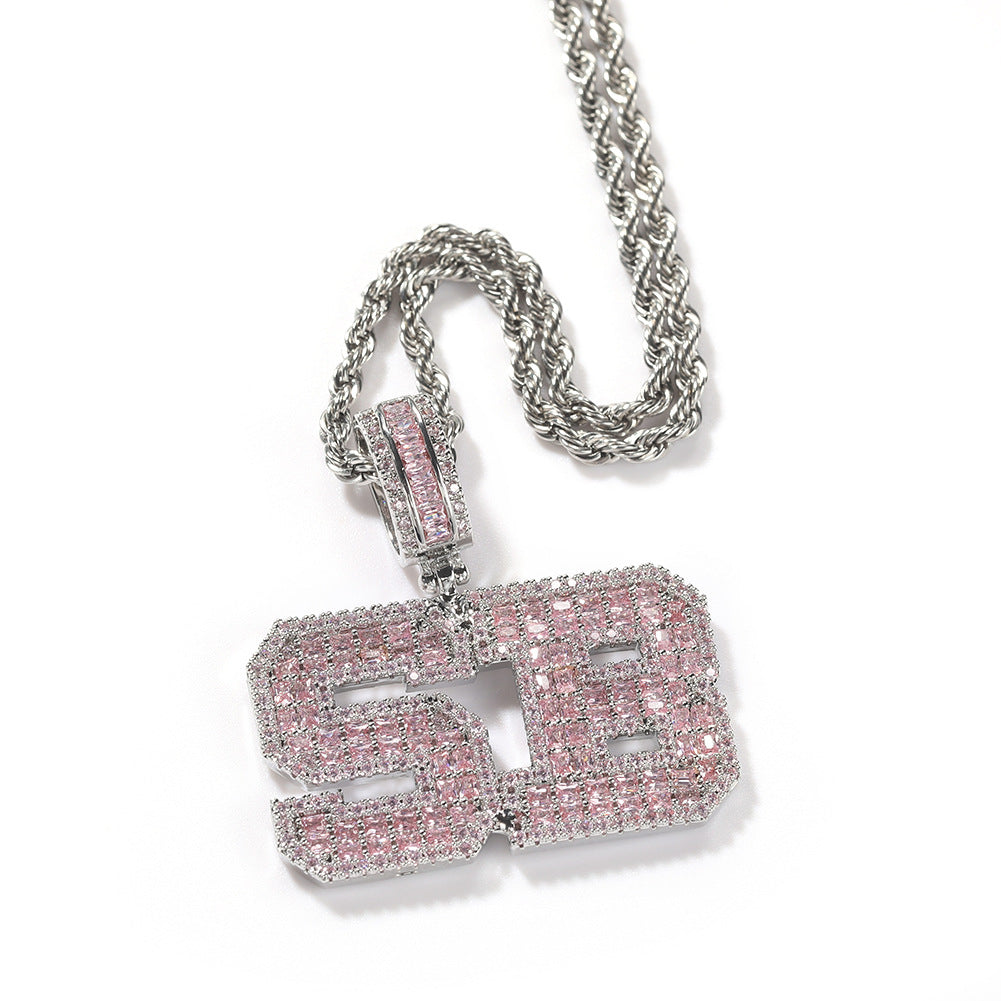 Personalized Pink Cubic Zirconia Letter Pendant Necklace for Women - Silver Plated Hip Hop Chain, Custom 1-10 Initials, 16 Inch Statement Jewelry