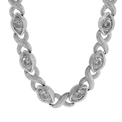 Iced Eye Cuban Link Chain Necklace Bracelet for Men in Silver Tone with Cubic Zirconia Pendant Detail
