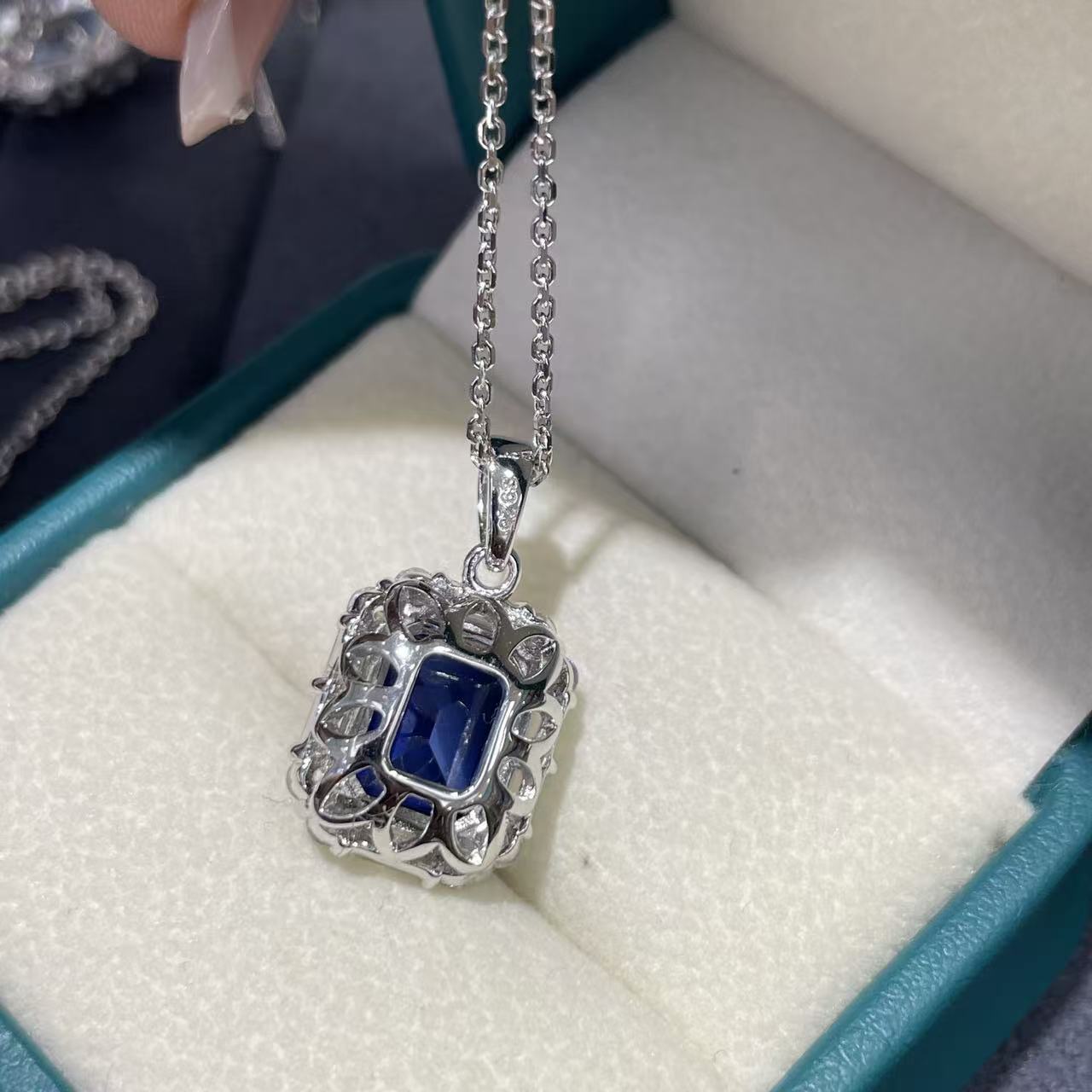 Blue Rectangular Sapphire Pendant Necklace with Halo Chain product image