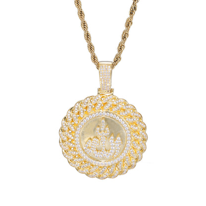 Men’s Arabic Calligraphy Pendant Necklace with Iced Zircon Circle Frame Rope Chain