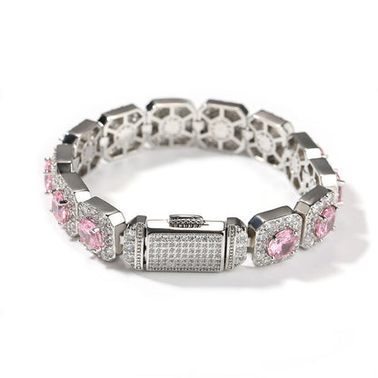 Unisex Silvery Square Link Cubic Zirconia Statement Bracelet - Pink, Purple or Yellow Stone Chain Bracelet