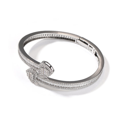 Heart Cubic Zirconia Cuff Bracelet for Women - Hip Hop Statement Bangle in Gold or Silver Tone