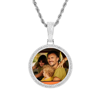 Iced Out Round Photo Pendant Necklace for Men and Women, Geometric Cuban Link Style Chain in Gold, Silver or Rose Gold Tone