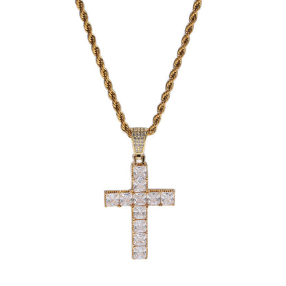 Iced Cross Pendant Necklace with Square Cubic Zirconia - Gold or Silver Tone Stainless Steel Rope Chain or Cuban Chain for Women and Men