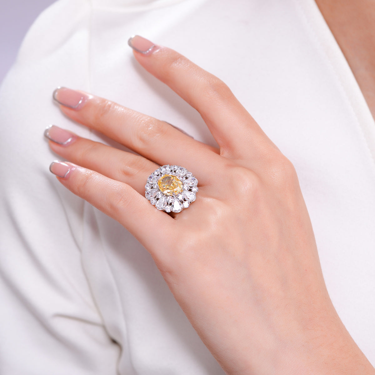 Oval Yellow Center Stone Halo Ring, S925 Silver 18K Gold Plated Ring for Women product image