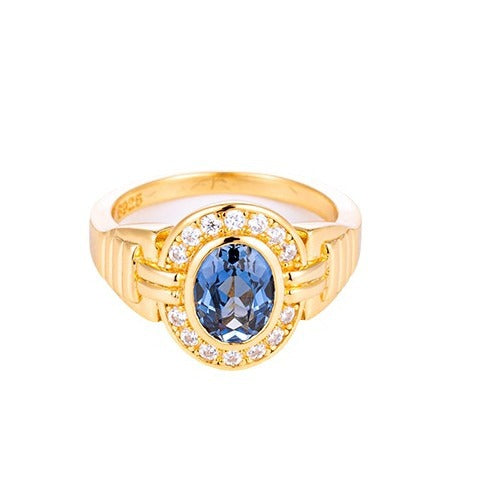 Vintage Blue Oval Halo Ring, 18K Gold Tone Closed-Band Ring for Women product image