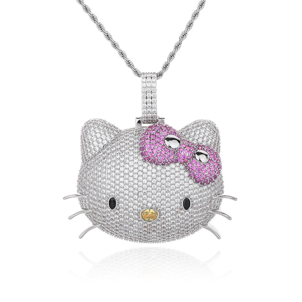 Cartoon Cat Face Rhinestone Pendant Necklace, Twisted Chain, Hip-Hop Style